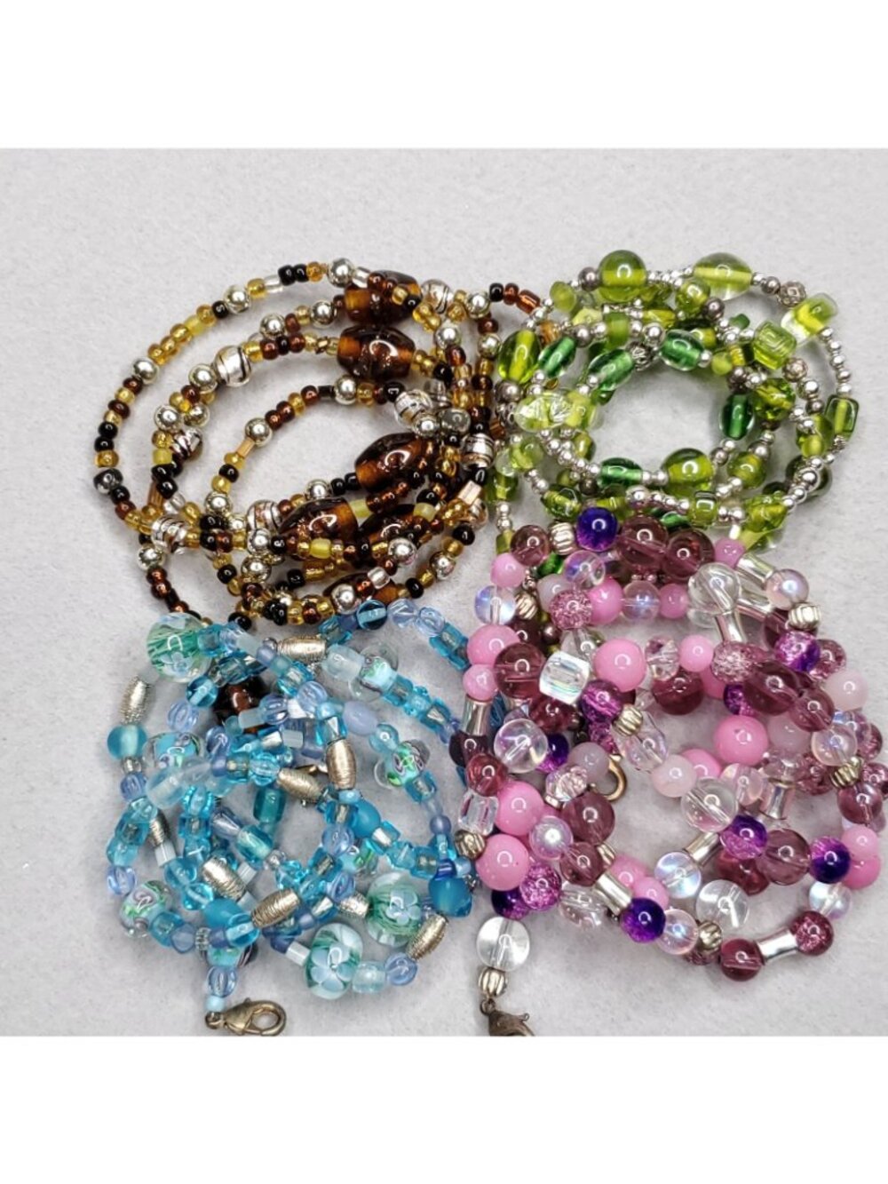 Beaded Lanyard Necklace Badge ID Holder Pink Blue Green Brown Glass Lot Of 4 - Picture 7 of 9